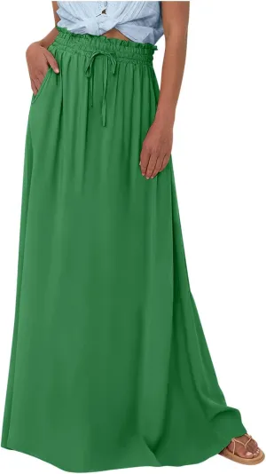 Boho Skirts for Women Casual Smocked Elastic High Waist Tie Long Maxi Skirt Summer Comfy Flowy Dress with Pockets