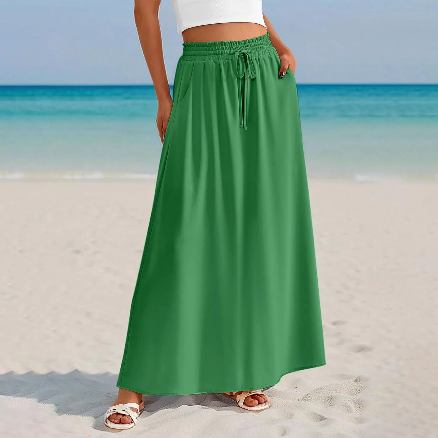 Boho Skirts for Women Casual Smocked Elastic High Waist Tie Long Maxi Skirt Summer Comfy Flowy Dress with Pockets