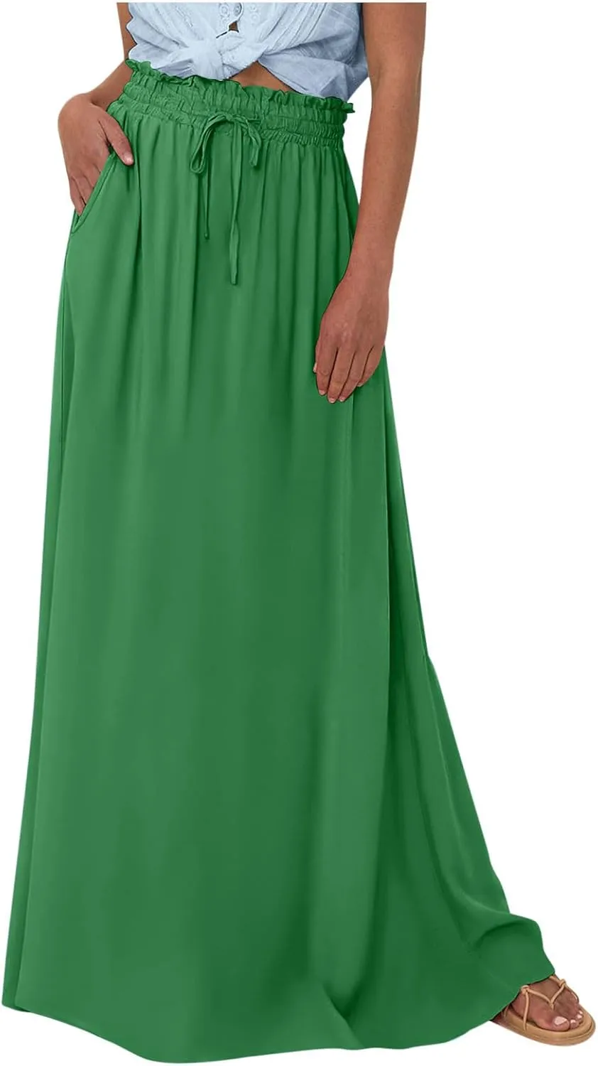Boho Skirts for Women Casual Smocked Elastic High Waist Tie Long Maxi Skirt Summer Comfy Flowy Dress with Pockets