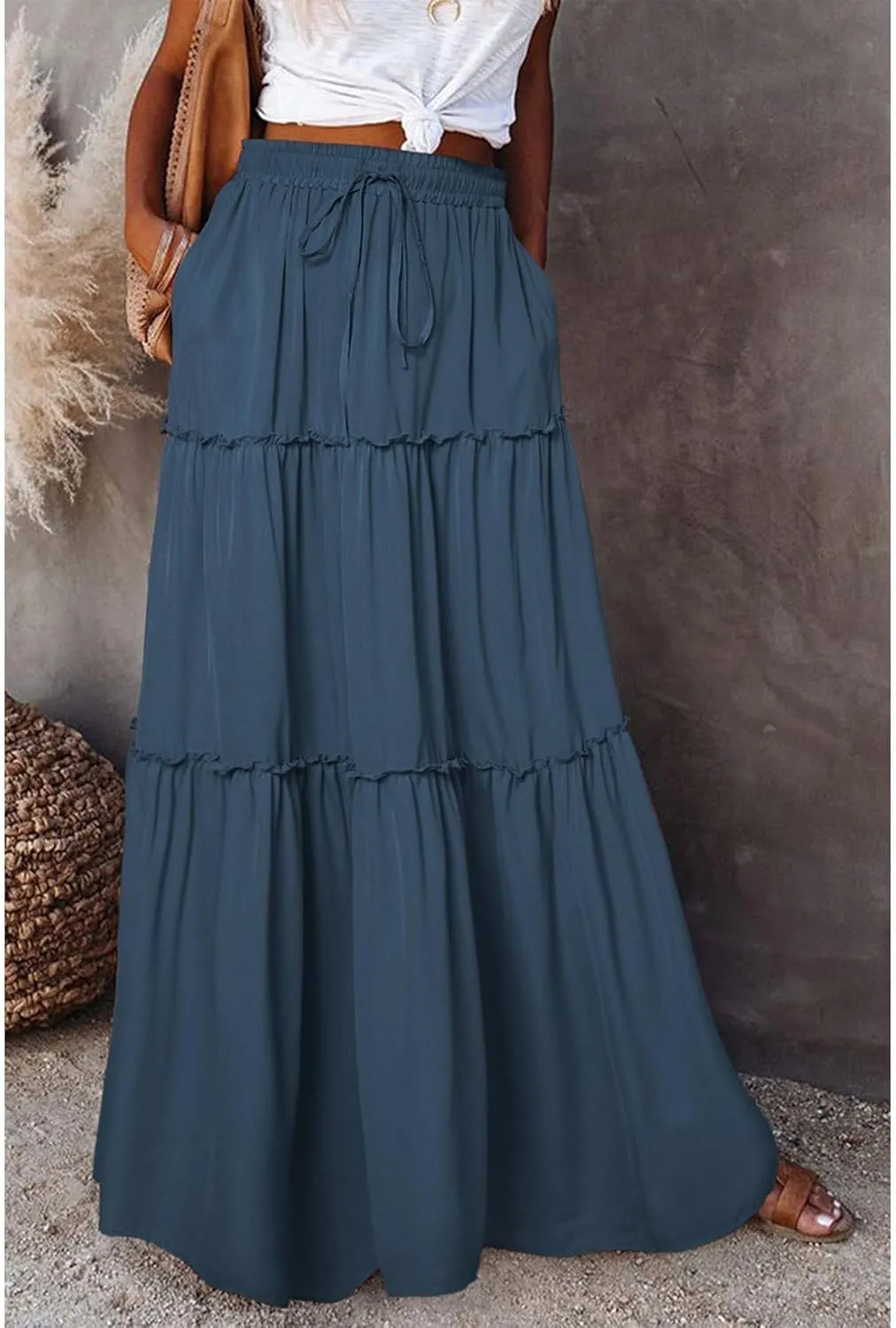 Boho Skirts for Women Summer Casual Summer Elastic High Waist A-Line Ruffle Hem Maxi Skirt Beach Long Skirt