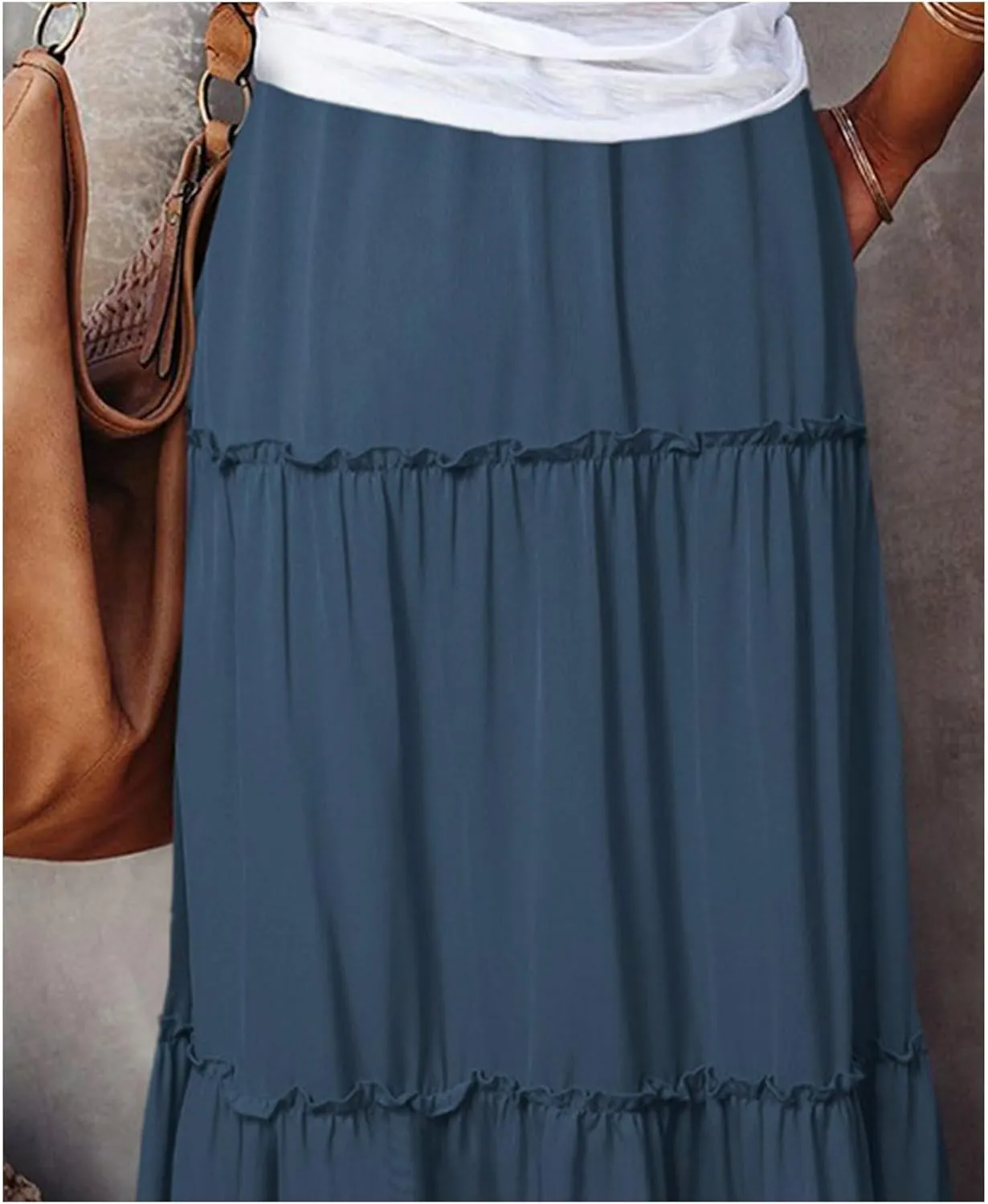 Boho Skirts for Women Summer Casual Summer Elastic High Waist A-Line Ruffle Hem Maxi Skirt Beach Long Skirt