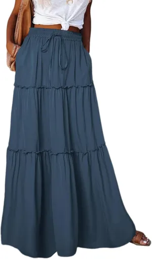 Boho Skirts for Women Summer Casual Summer Elastic High Waist A-Line Ruffle Hem Maxi Skirt Beach Long Skirt