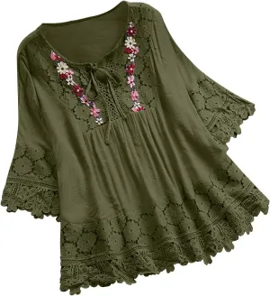 Boho Tops for Women 2025 Summer 3/4 Sleeve Embroidered Linen Shirts Plus Size Trendy Casual Vintage Lace Blouse