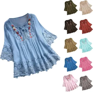 Boho Tops for Women 2025 Summer 3/4 Sleeve Embroidered Linen Shirts Plus Size Trendy Casual Vintage Lace Blouse