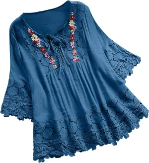 Boho Tops for Women 2025 Summer 3/4 Sleeve Embroidered Linen Shirts Plus Size Trendy Casual Vintage Lace Blouse