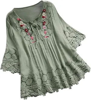 Boho Tops for Women 2025 Summer 3/4 Sleeve Embroidered Linen Shirts Plus Size Trendy Casual Vintage Lace Blouse
