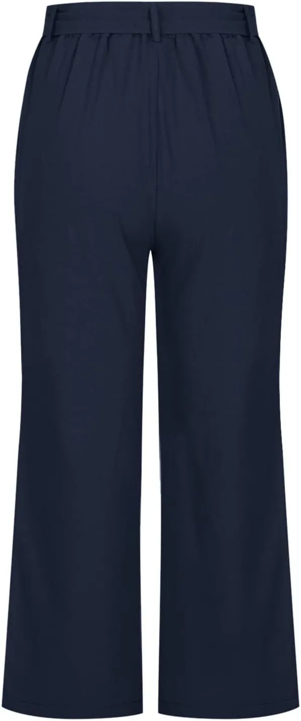 Capri Pants for Women Casual Summer Drawstring Elastic High Waist Linen Pants Straight Leg Plus Size Lounge Capris