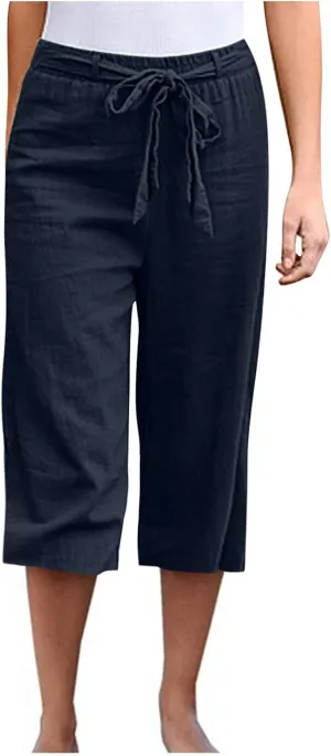 Capri Pants for Women Casual Summer Drawstring Elastic High Waist Linen Pants Straight Leg Plus Size Lounge Capris