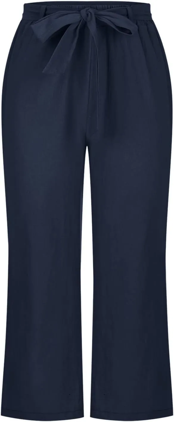 Capri Pants for Women Casual Summer Drawstring Elastic High Waist Linen Pants Straight Leg Plus Size Lounge Capris