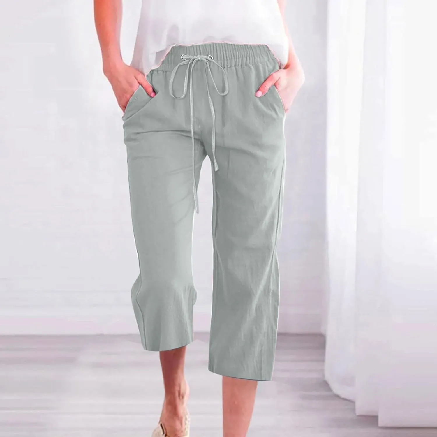 Capri Pants Women Summer 2024 Drawstring Cargo Pants High Waisted Stretchy Camo Pants Plus Size Baggy Cargo Pants Pockets