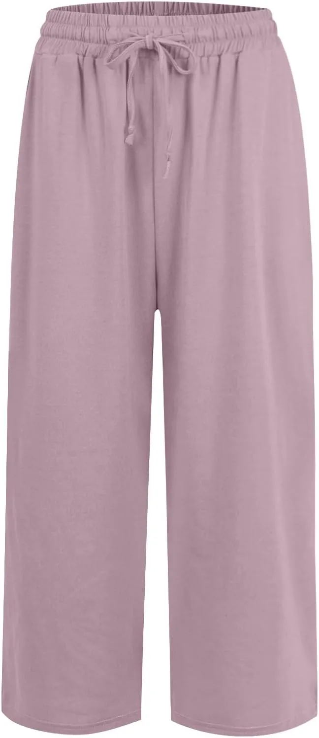 Capri Yoga Pants for Women Casual Loose Drawstring Wide Leg Sweatpants Comfy Cotton Lounge Pants with Pockets 2024