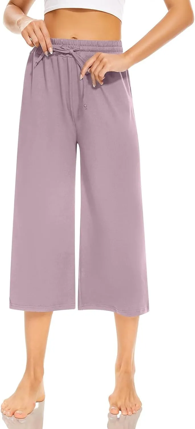 Capri Yoga Pants for Women Casual Loose Drawstring Wide Leg Sweatpants Comfy Cotton Lounge Pants with Pockets 2024