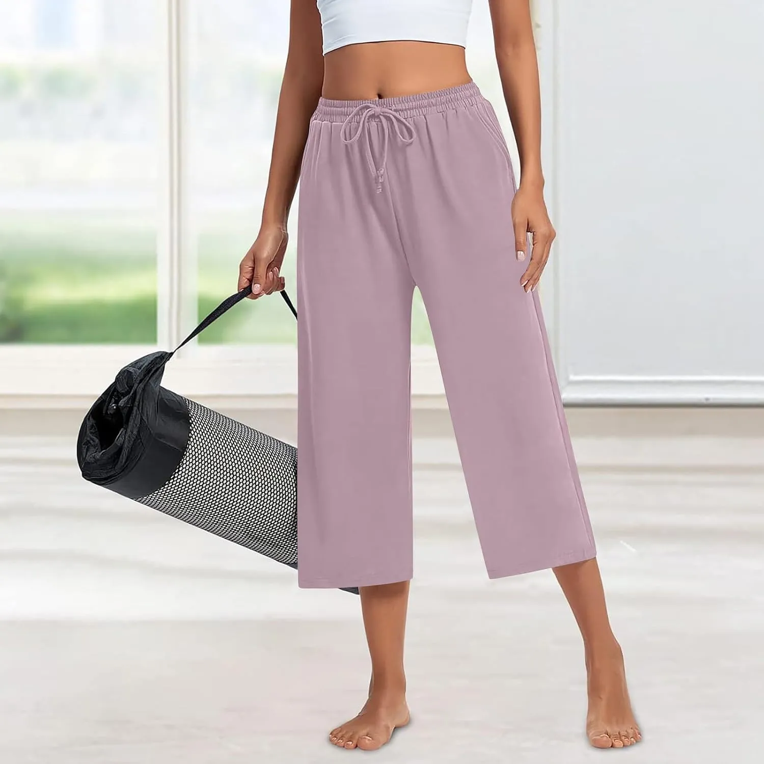 Capri Yoga Pants for Women Casual Loose Drawstring Wide Leg Sweatpants Comfy Cotton Lounge Pants with Pockets 2024