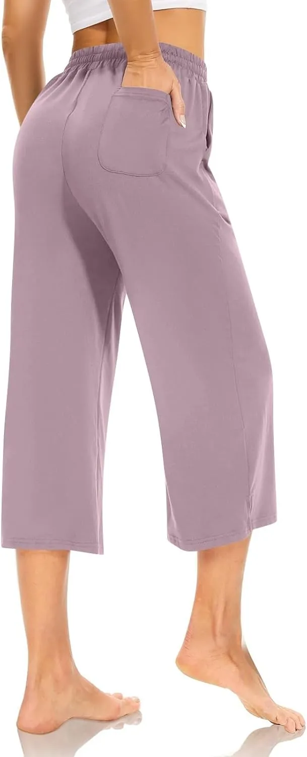 Capri Yoga Pants for Women Casual Loose Drawstring Wide Leg Sweatpants Comfy Cotton Lounge Pants with Pockets 2024
