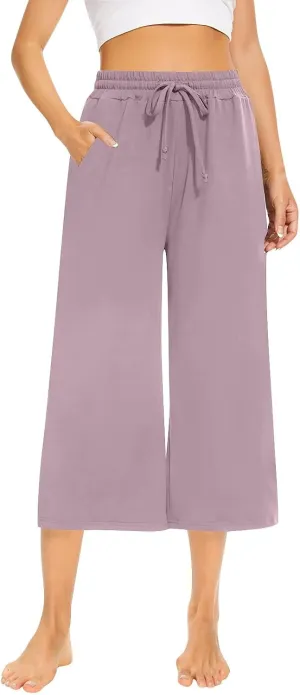 Capri Yoga Pants for Women Casual Loose Drawstring Wide Leg Sweatpants Comfy Cotton Lounge Pants with Pockets 2024