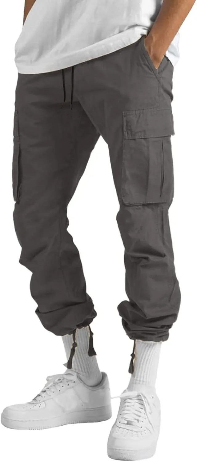 Cargo Pants for Men Thin Hiking Pants Elastic Waist Drawstring Work Pants Camo Print Multi Pockets Fit Tactical Pants