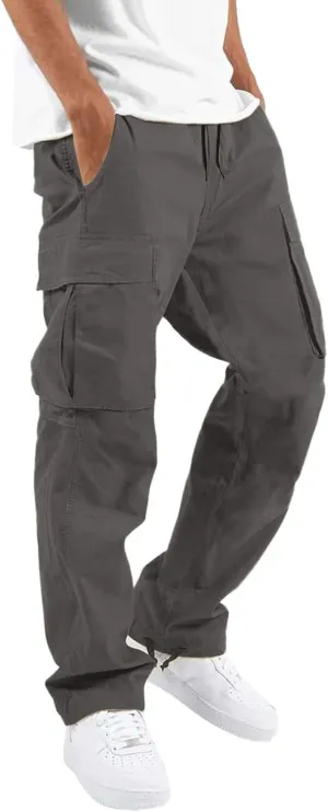 Cargo Pants for Men Thin Hiking Pants Elastic Waist Drawstring Work Pants Camo Print Multi Pockets Fit Tactical Pants