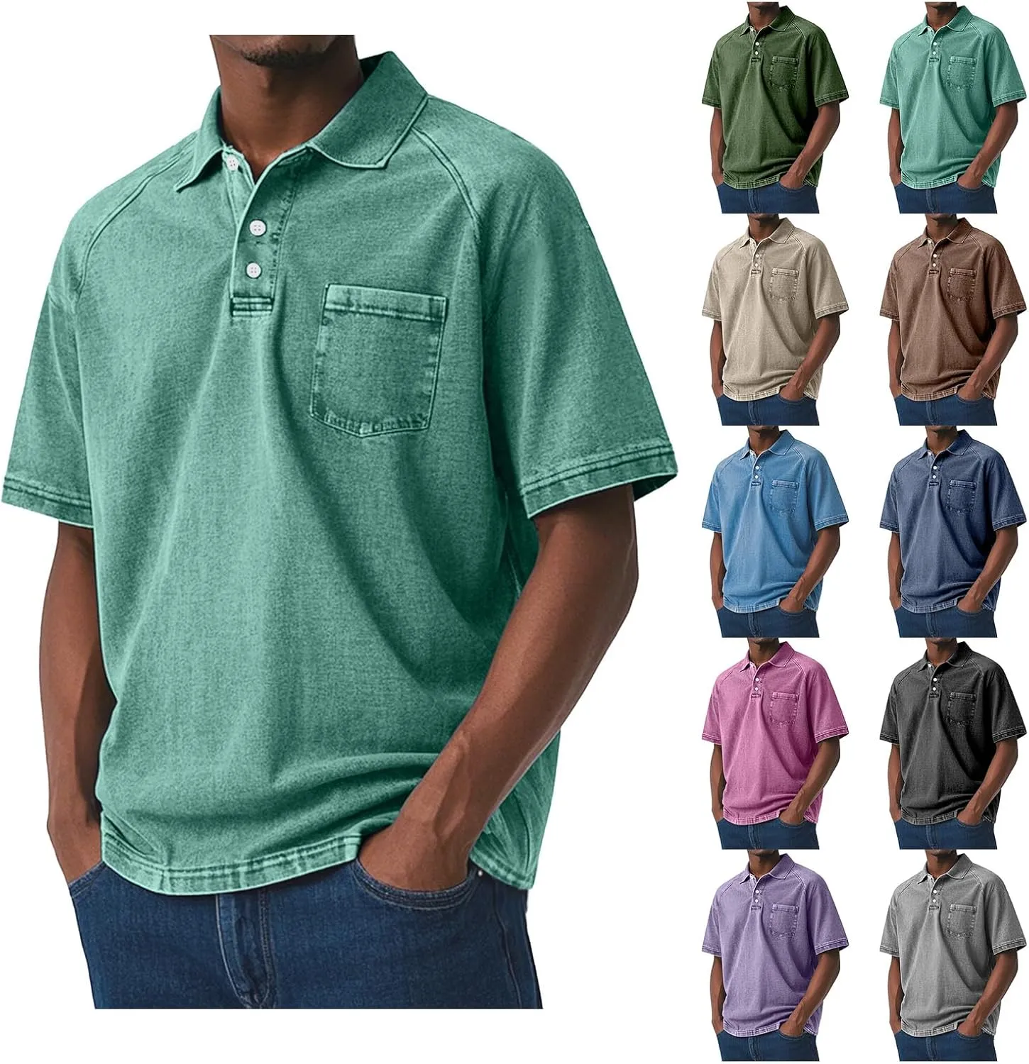 Casual Polo Shirts for Men Washed Distressed Golf Tee Raglan Short Sleeve Stylish Tops Summer Solid Color Retro Tees