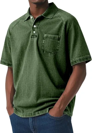 Casual Polo Shirts for Men Washed Distressed Golf Tee Raglan Short Sleeve Stylish Tops Summer Solid Color Retro Tees