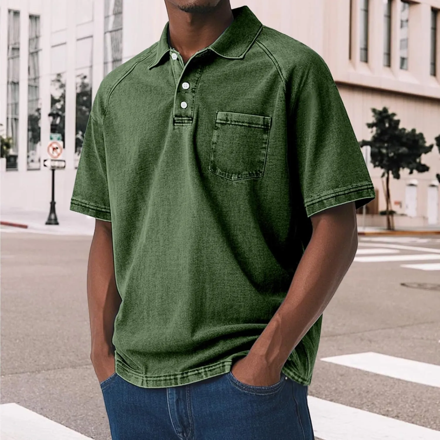Casual Polo Shirts for Men Washed Distressed Golf Tee Raglan Short Sleeve Stylish Tops Summer Solid Color Retro Tees