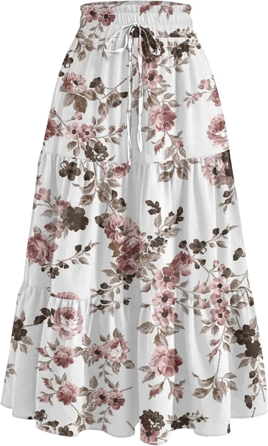Casual Skirts for Women Summer High Waisted Wrap Midi Skirt Swing A-Line Floral Print Knee Length Skirt with Pockets