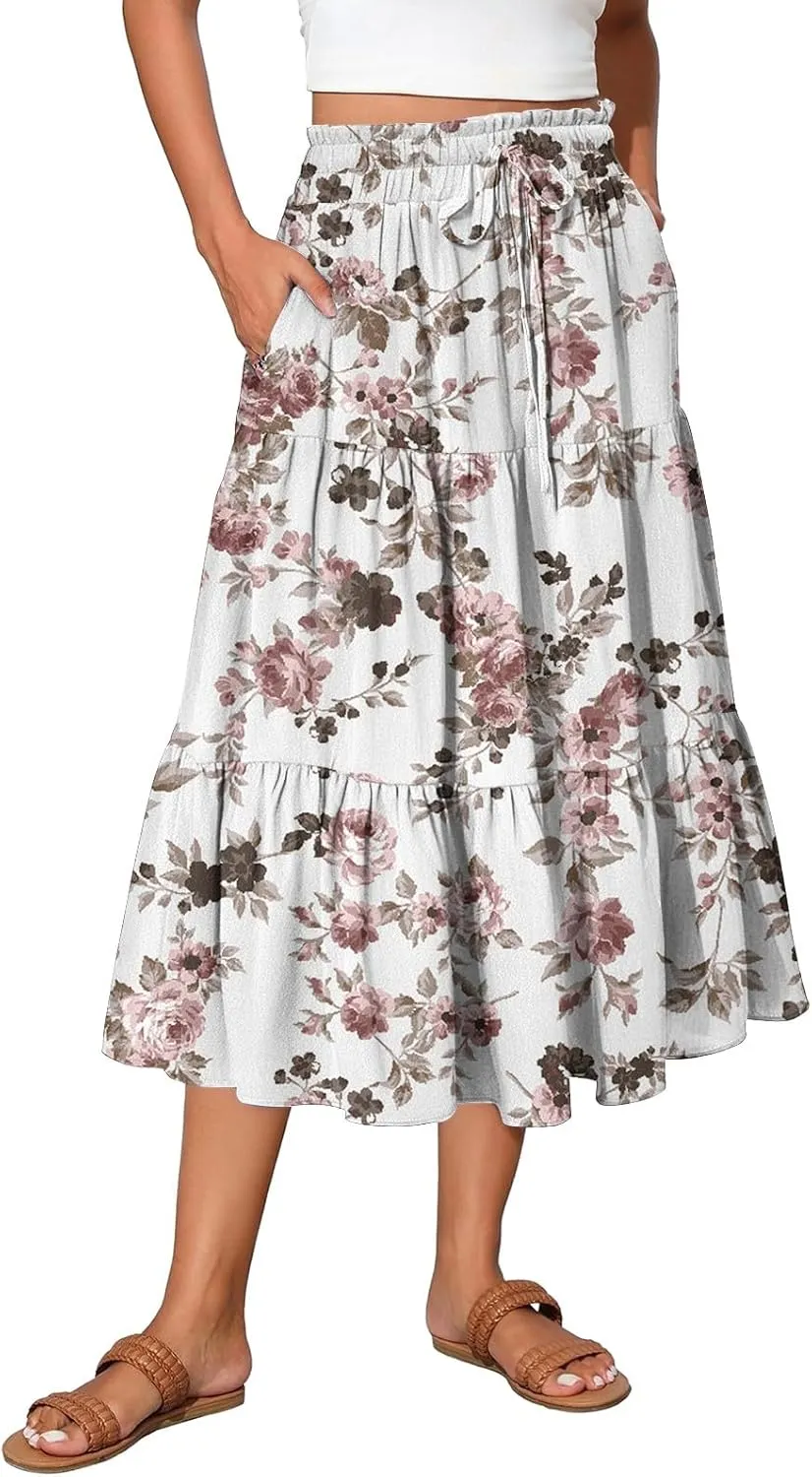 Casual Skirts for Women Summer High Waisted Wrap Midi Skirt Swing A-Line Floral Print Knee Length Skirt with Pockets