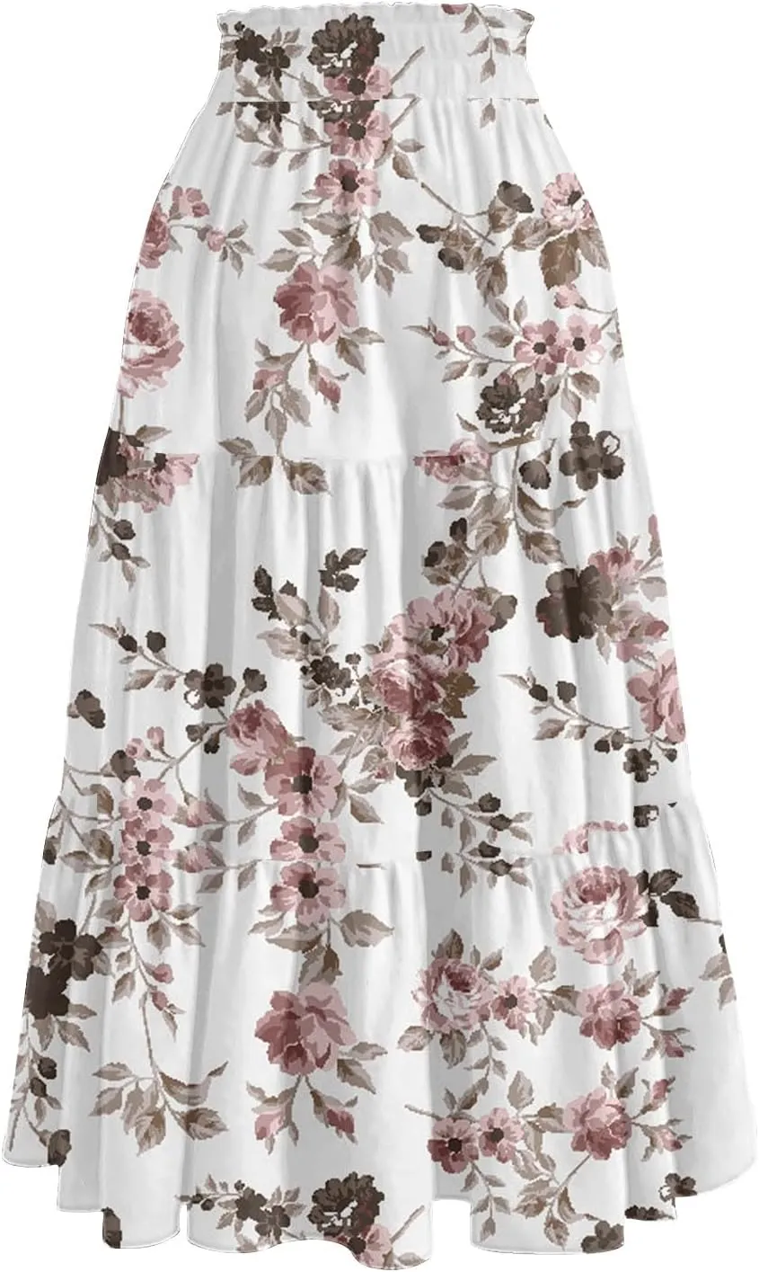 Casual Skirts for Women Summer High Waisted Wrap Midi Skirt Swing A-Line Floral Print Knee Length Skirt with Pockets