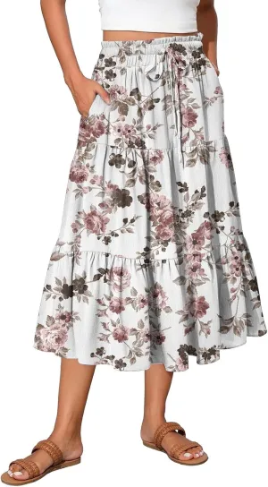 Casual Skirts for Women Summer High Waisted Wrap Midi Skirt Swing A-Line Floral Print Knee Length Skirt with Pockets