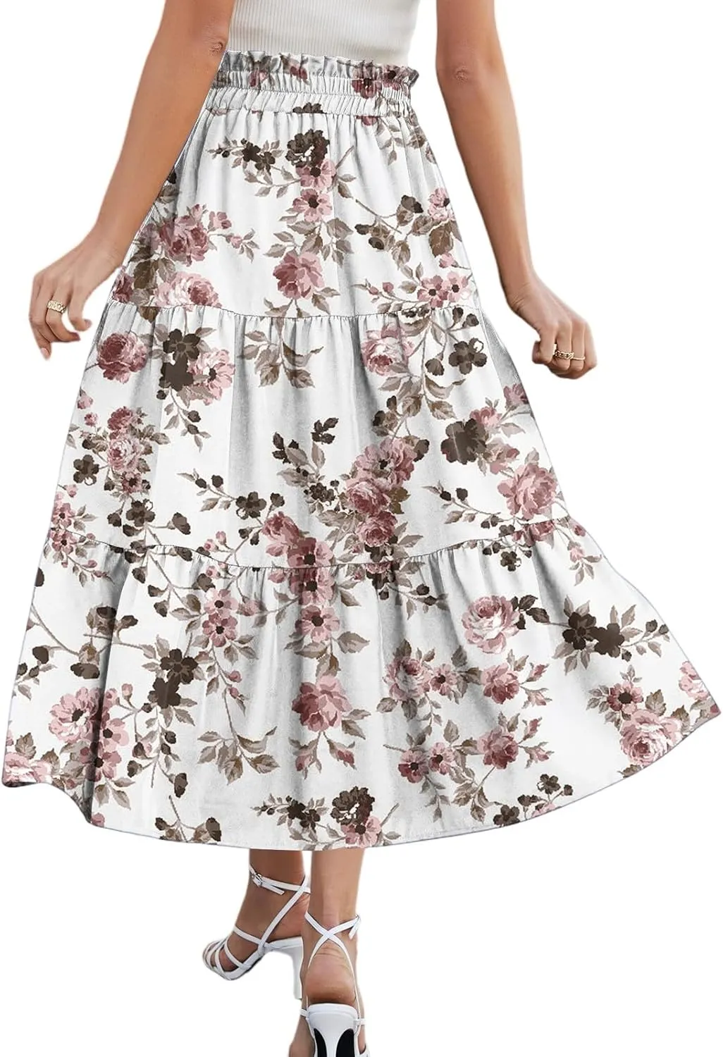 Casual Skirts for Women Summer High Waisted Wrap Midi Skirt Swing A-Line Floral Print Knee Length Skirt with Pockets