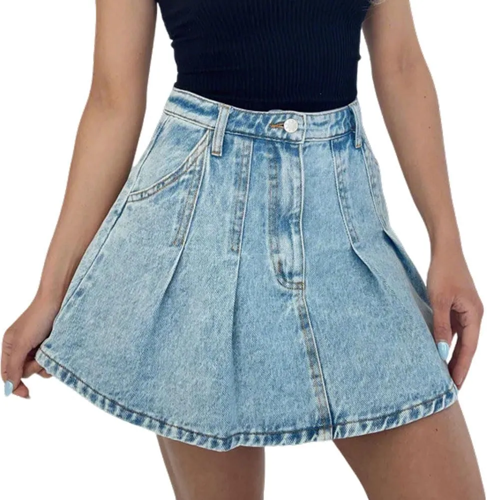 CHARTOU Women Denim Mini Skirt Y2k Preppy Style Pleated A Line Short Jean Skirt