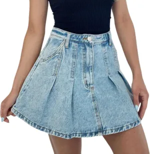 CHARTOU Women Denim Mini Skirt Y2k Preppy Style Pleated A Line Short Jean Skirt