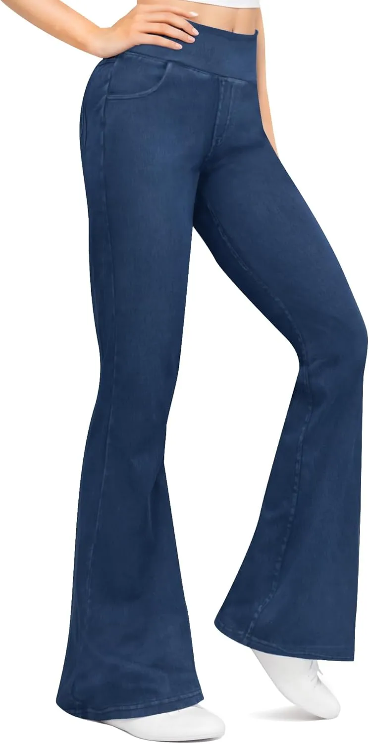 CLOZOZ Flared Jeans for Women High Waisted Stretchy Pull On Bell Bottom Flare Leggings Trendy Yoga Pants with Pockets