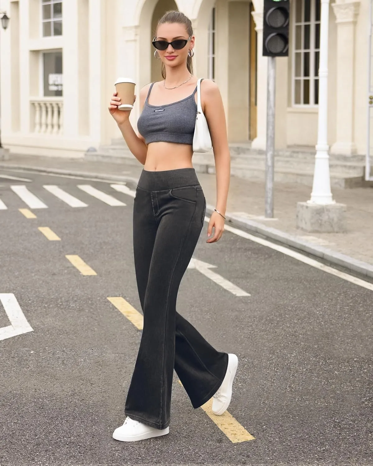 CLOZOZ Flared Jeans for Women High Waisted Stretchy Pull On Bell Bottom Flare Leggings Trendy Yoga Pants with Pockets