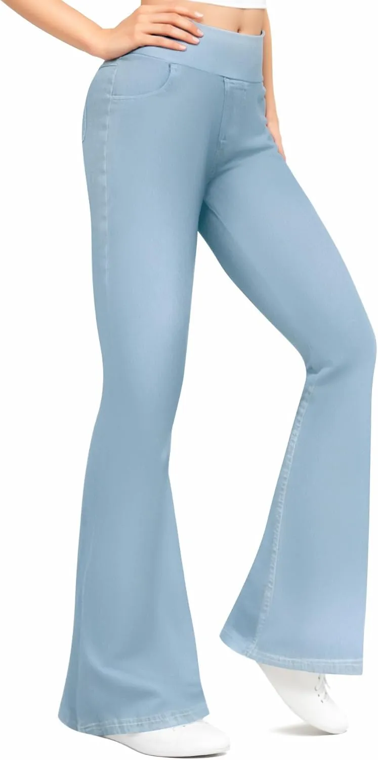 CLOZOZ Flared Jeans for Women High Waisted Stretchy Pull On Bell Bottom Flare Leggings Trendy Yoga Pants with Pockets