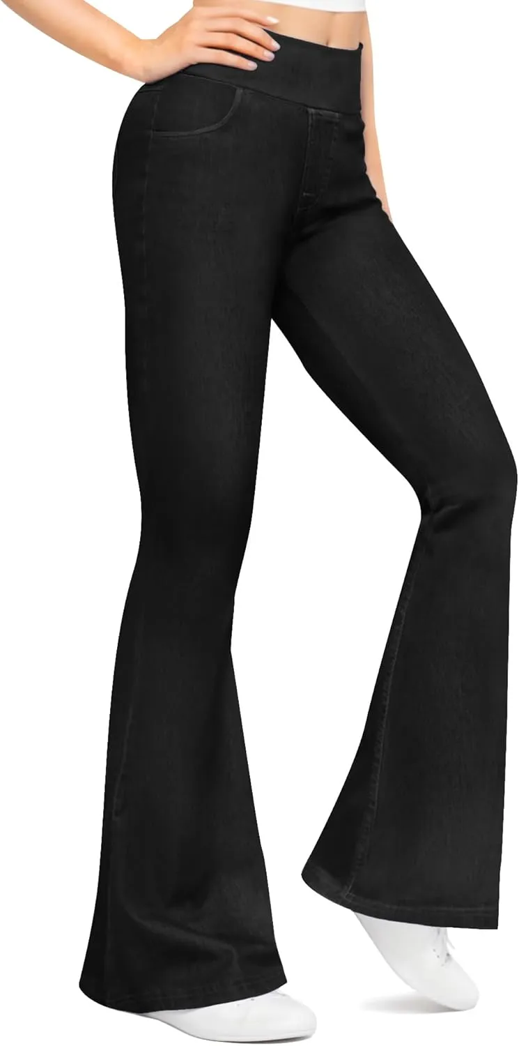 CLOZOZ Flared Jeans for Women High Waisted Stretchy Pull On Bell Bottom Flare Leggings Trendy Yoga Pants with Pockets