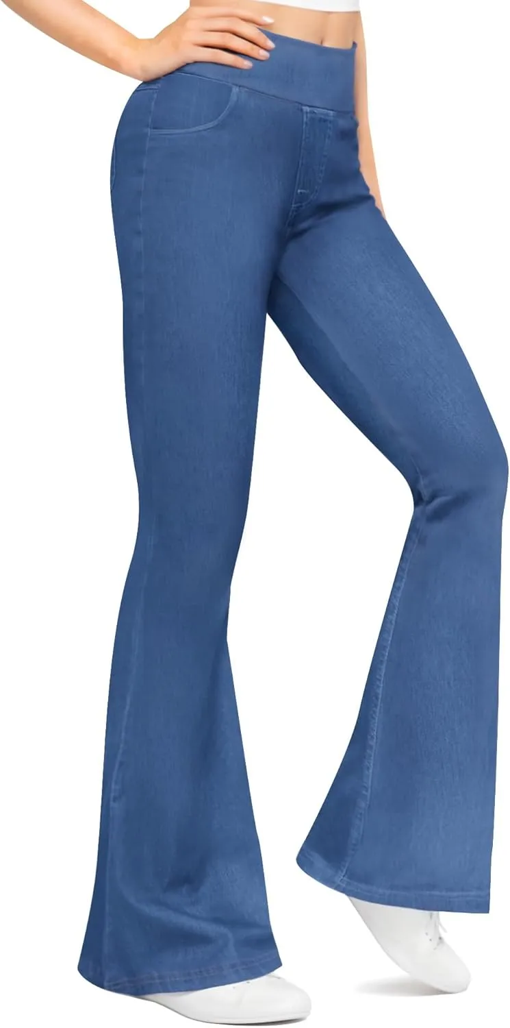 CLOZOZ Flared Jeans for Women High Waisted Stretchy Pull On Bell Bottom Flare Leggings Trendy Yoga Pants with Pockets