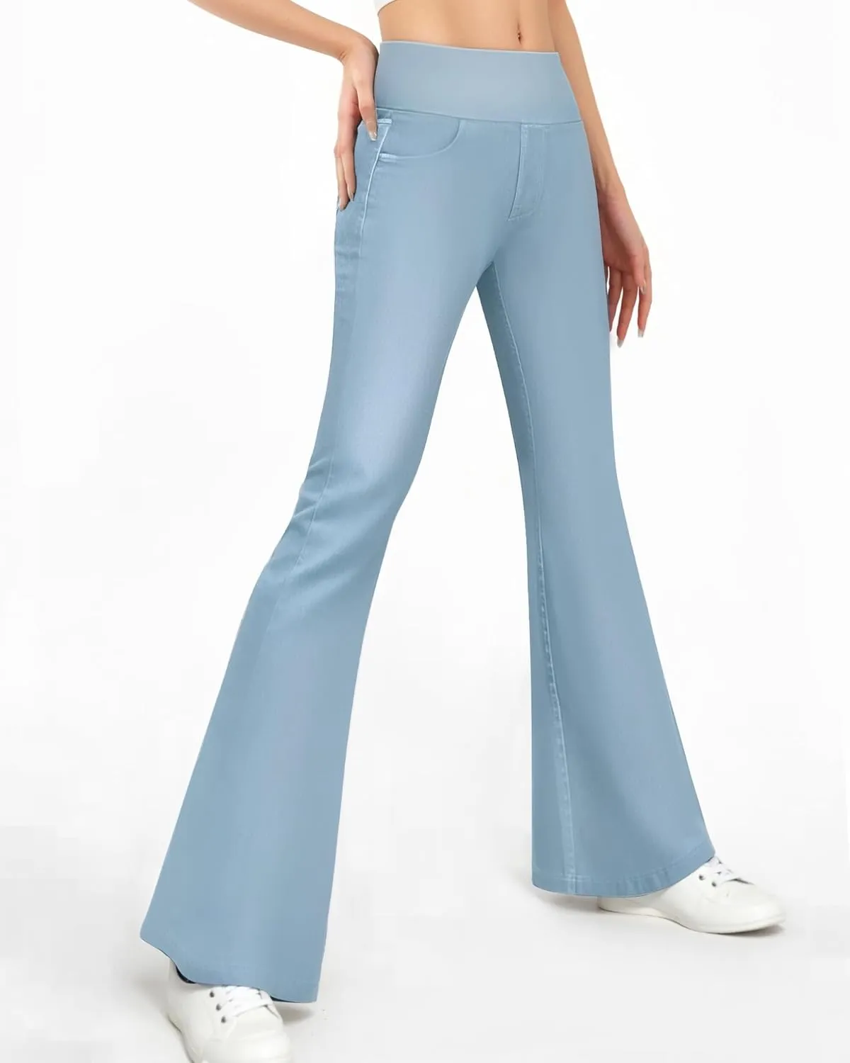 CLOZOZ Flared Jeans for Women High Waisted Stretchy Pull On Bell Bottom Flare Leggings Trendy Yoga Pants with Pockets