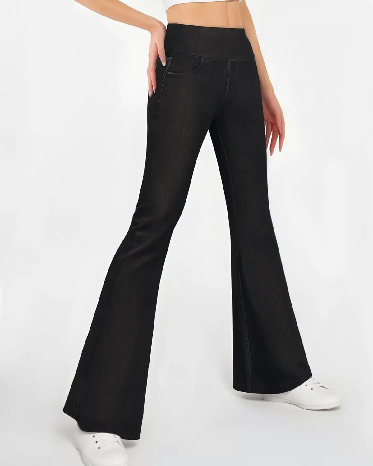 CLOZOZ Flared Jeans for Women High Waisted Stretchy Pull On Bell Bottom Flare Leggings Trendy Yoga Pants with Pockets