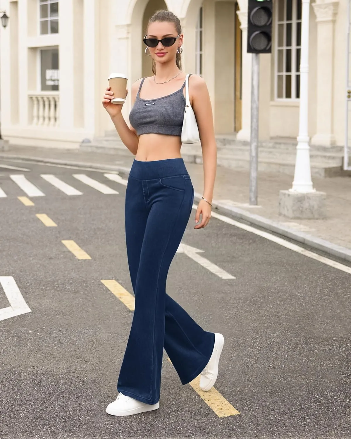 CLOZOZ Flared Jeans for Women High Waisted Stretchy Pull On Bell Bottom Flare Leggings Trendy Yoga Pants with Pockets