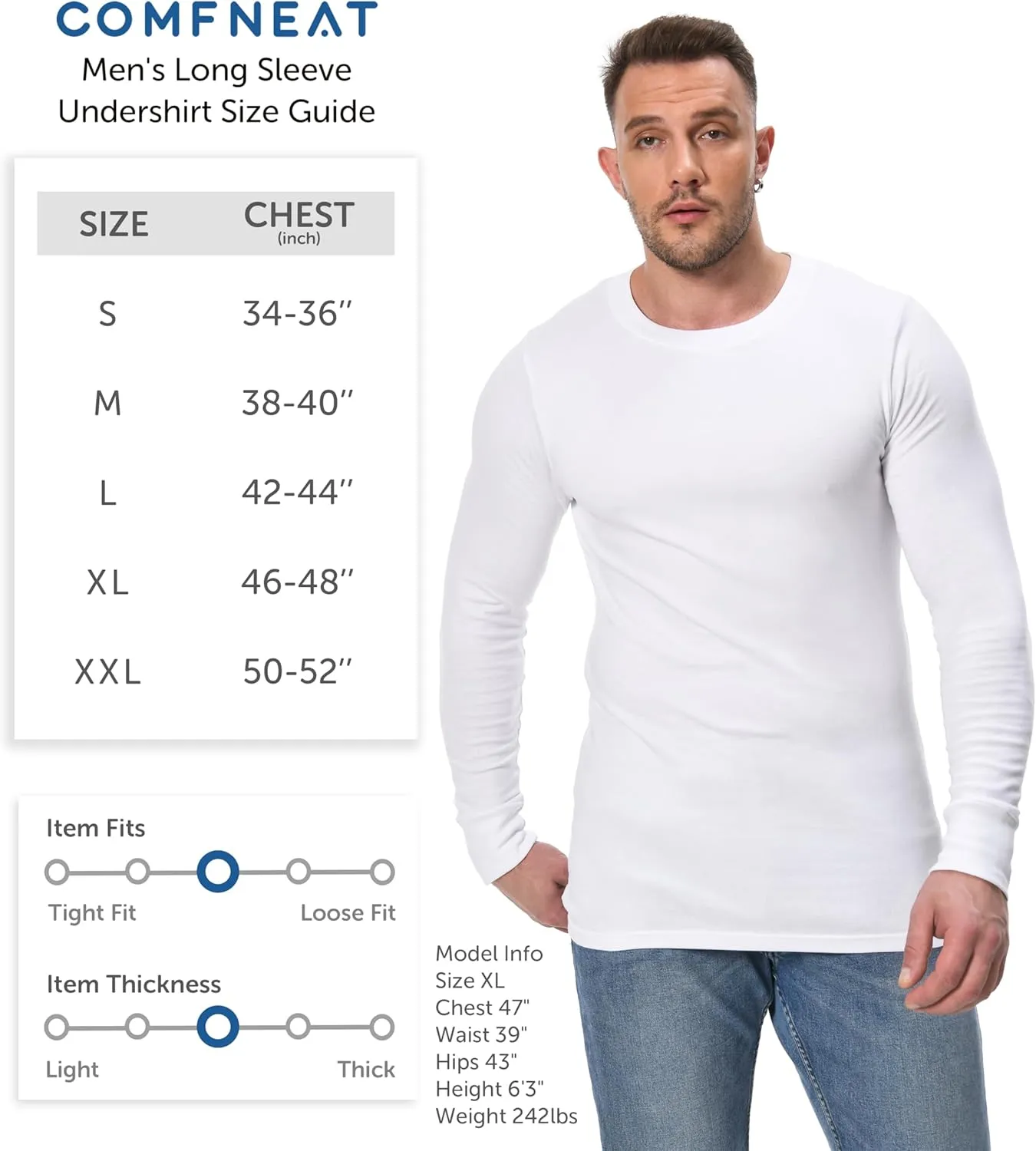 Comfneat Men's 2-Pack Long Sleeve Shirts Cotton Undershirts