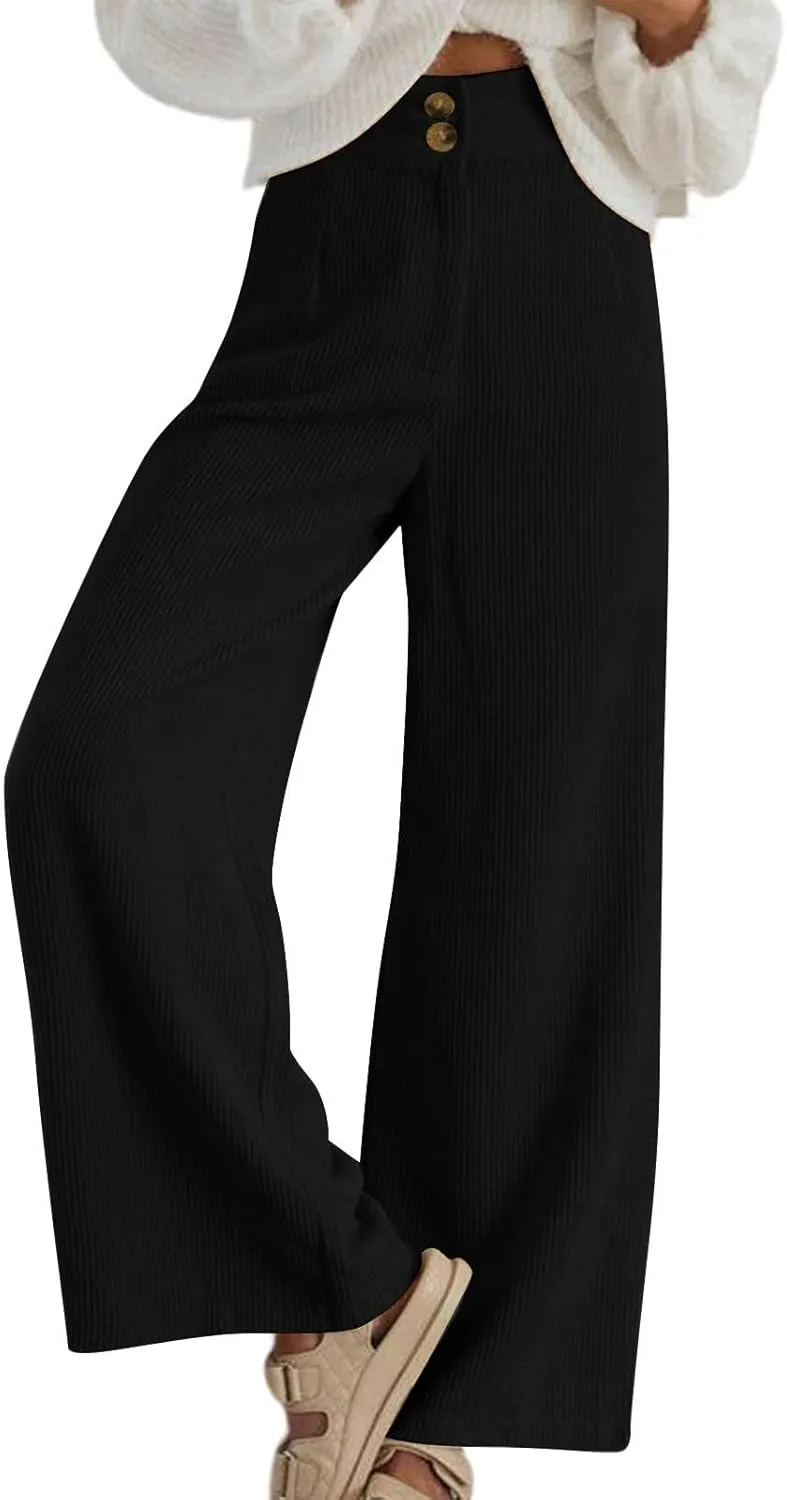 Corduroy Pants Women High Waisted Wide Leg Pants Business Casual Fall Winter Straight Loose Lounge Pants w/Pockets