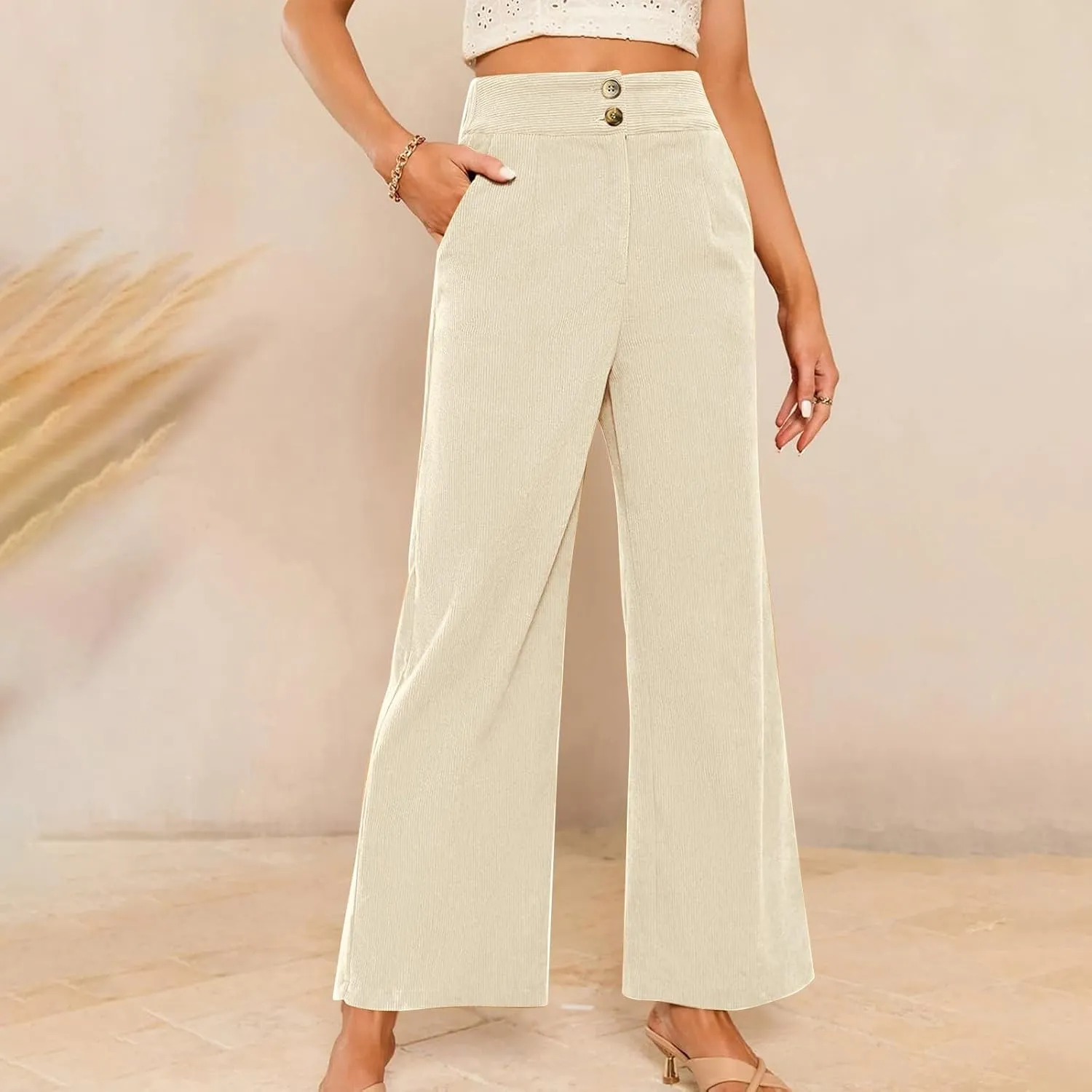 Corduroy Pants Women High Waisted Wide Leg Pants Business Casual Fall Winter Straight Loose Lounge Pants w/Pockets