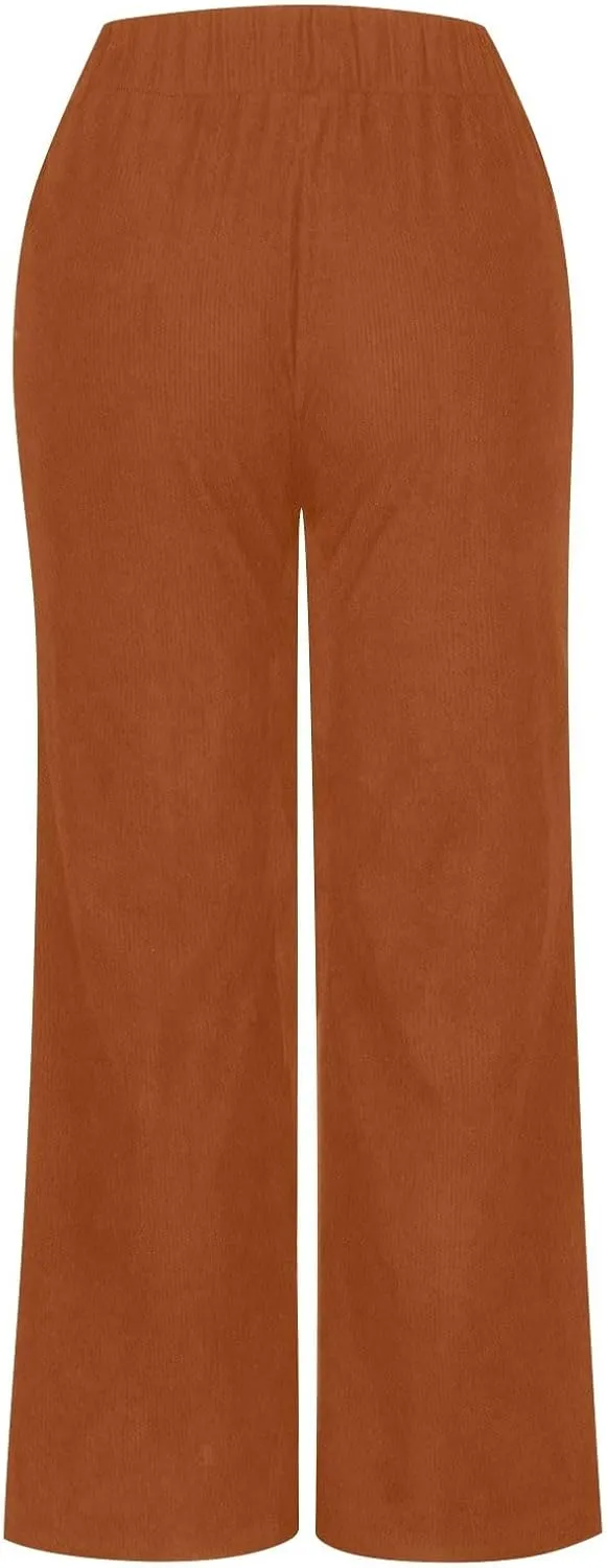 Corduroy Pants Women High Waisted Wide Leg Pants Business Casual Fall Winter Straight Loose Lounge Pants w/Pockets