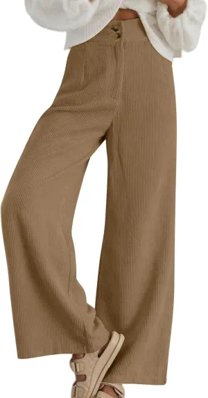 Corduroy Pants Women High Waisted Wide Leg Pants Business Casual Fall Winter Straight Loose Lounge Pants w/Pockets