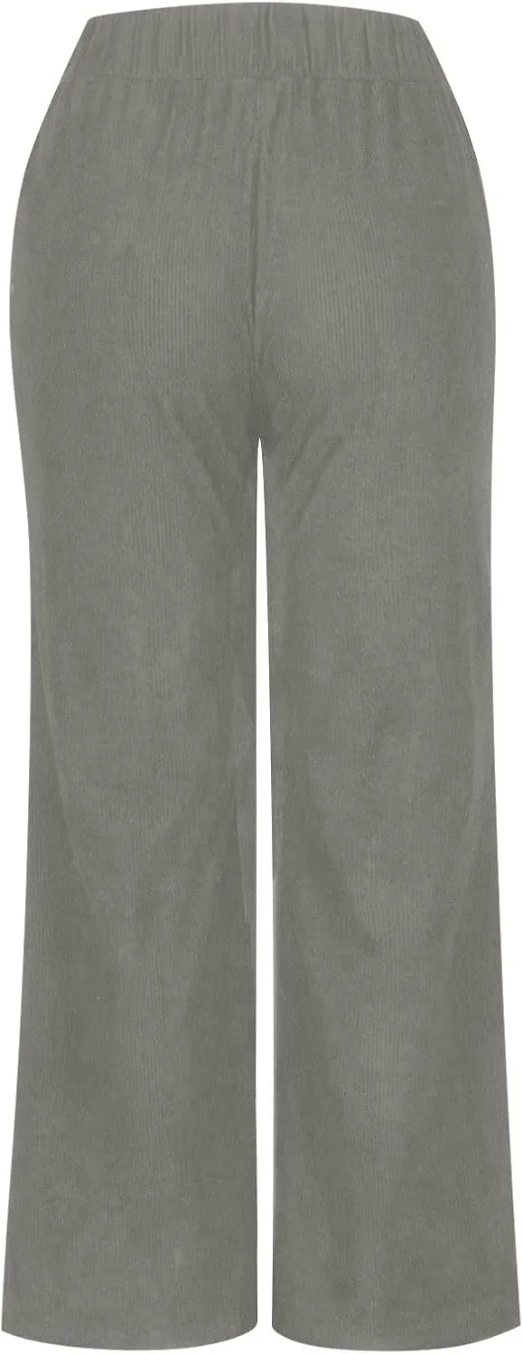 Corduroy Pants Women High Waisted Wide Leg Pants Business Casual Fall Winter Straight Loose Lounge Pants w/Pockets