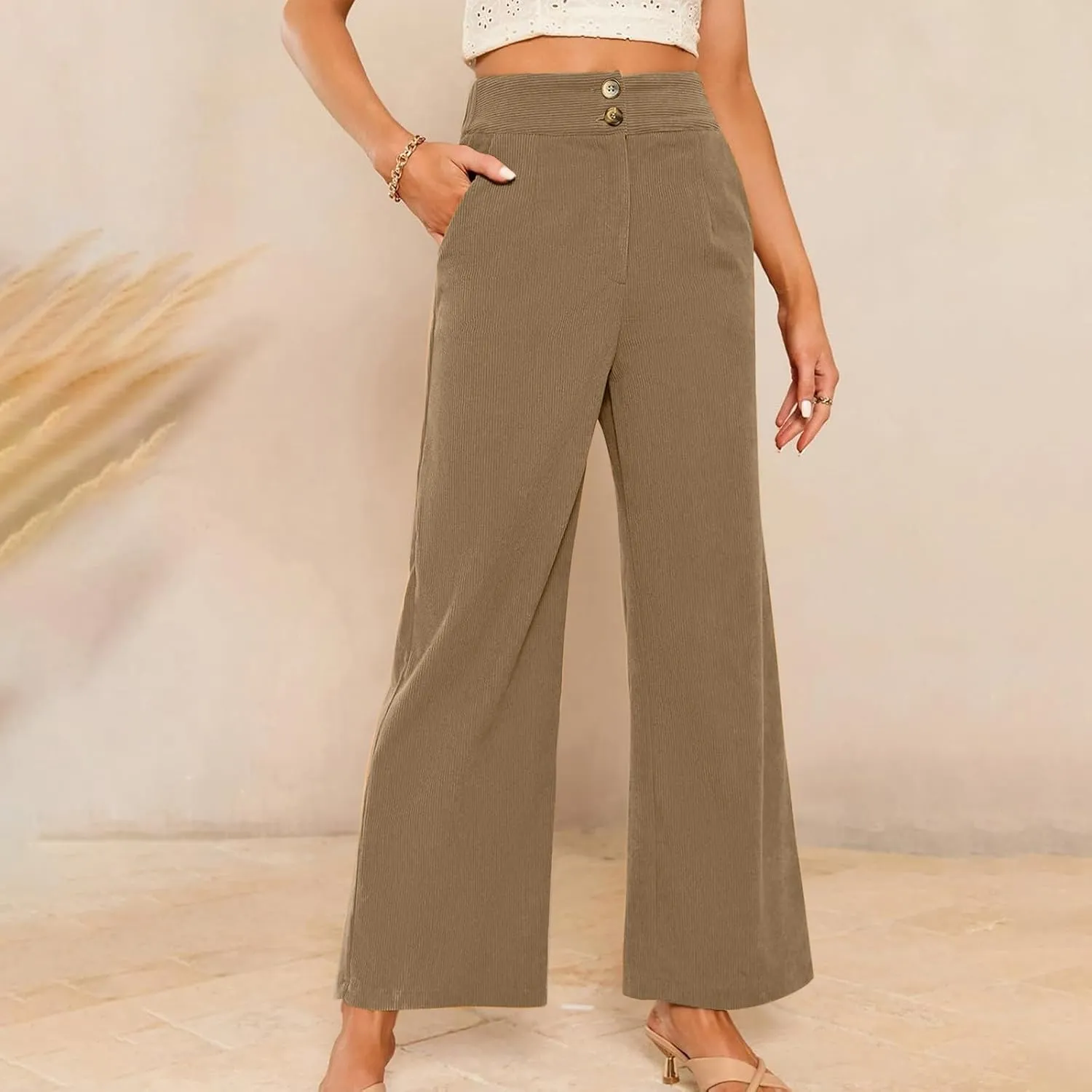 Corduroy Pants Women High Waisted Wide Leg Pants Business Casual Fall Winter Straight Loose Lounge Pants w/Pockets