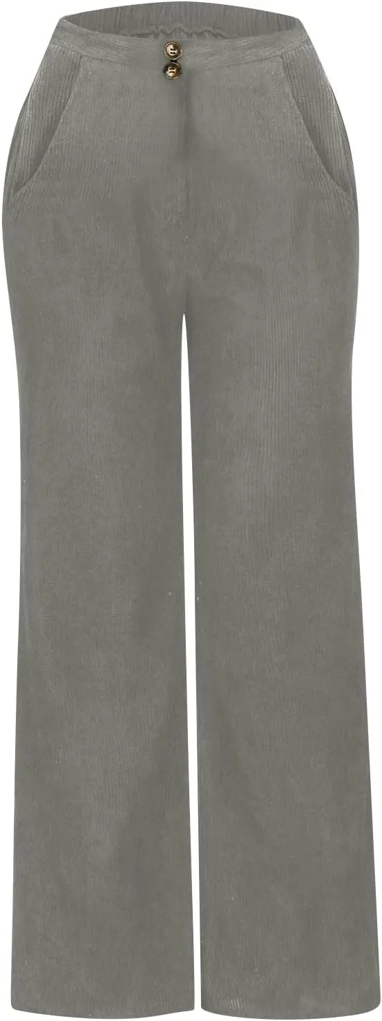 Corduroy Pants Women High Waisted Wide Leg Pants Business Casual Fall Winter Straight Loose Lounge Pants w/Pockets