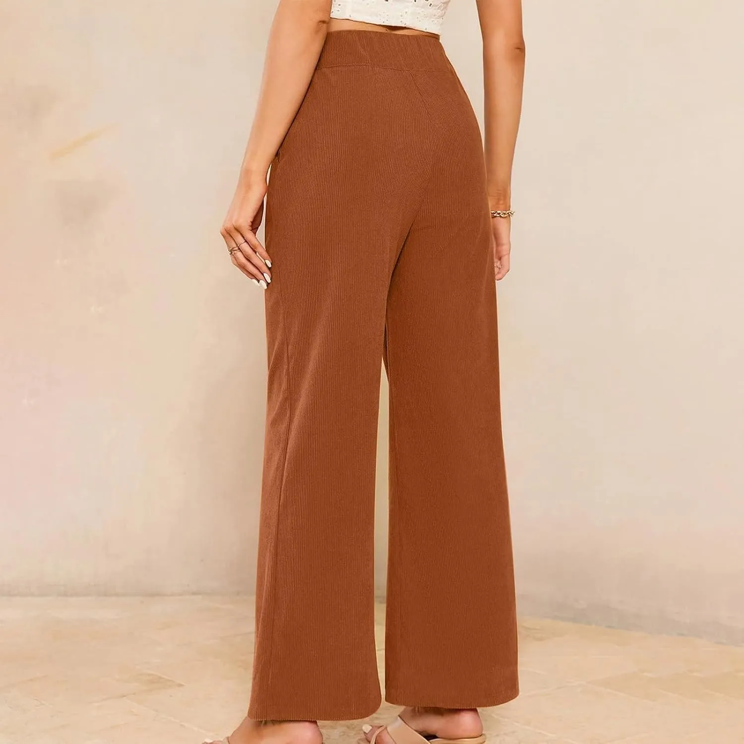 Corduroy Pants Women High Waisted Wide Leg Pants Business Casual Fall Winter Straight Loose Lounge Pants w/Pockets