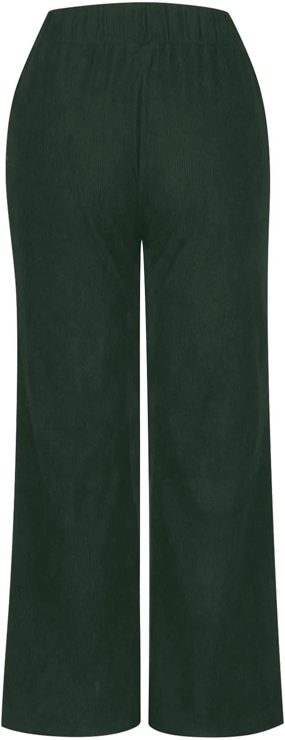 Corduroy Pants Women High Waisted Wide Leg Pants Business Casual Fall Winter Straight Loose Lounge Pants w/Pockets