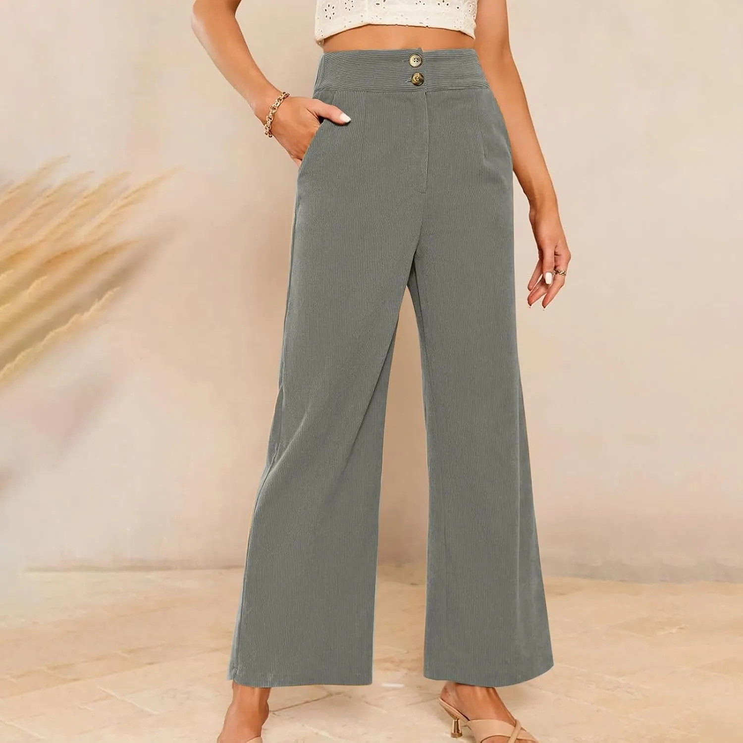 Corduroy Pants Women High Waisted Wide Leg Pants Business Casual Fall Winter Straight Loose Lounge Pants w/Pockets